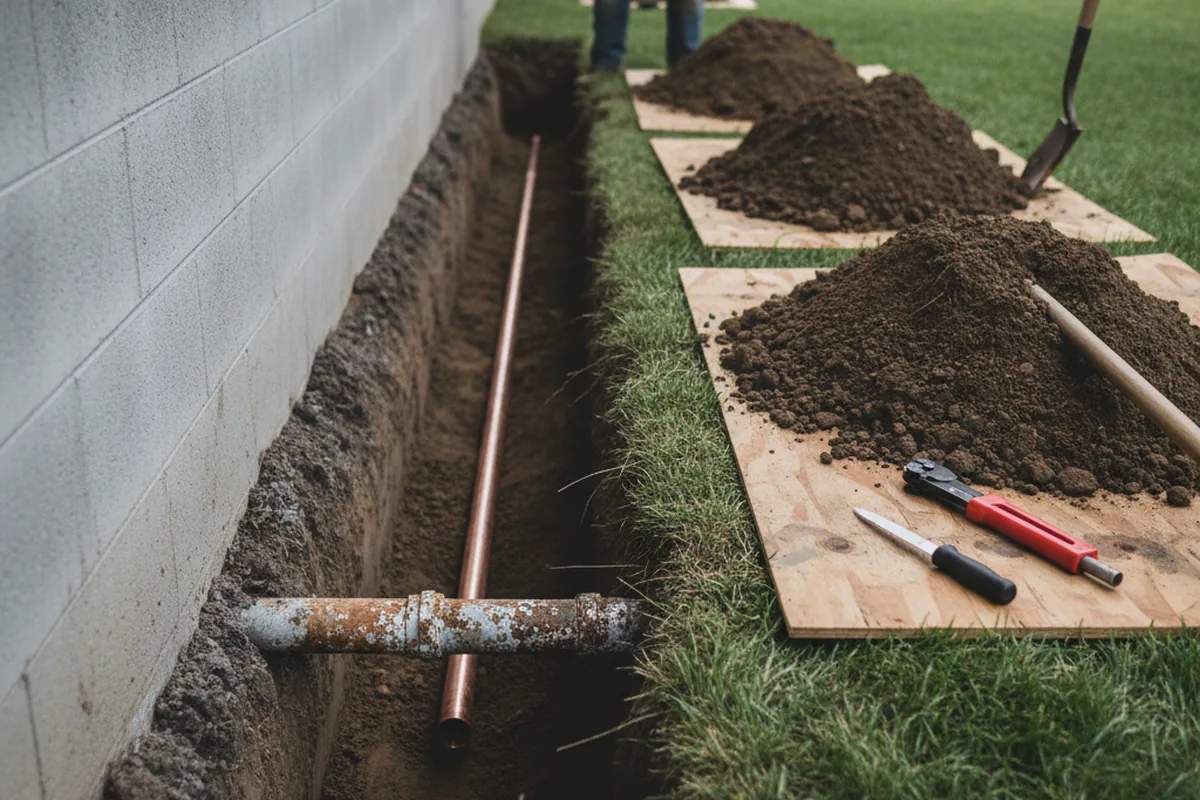 Excavated water line trench during Water Softener Installation in Ennice